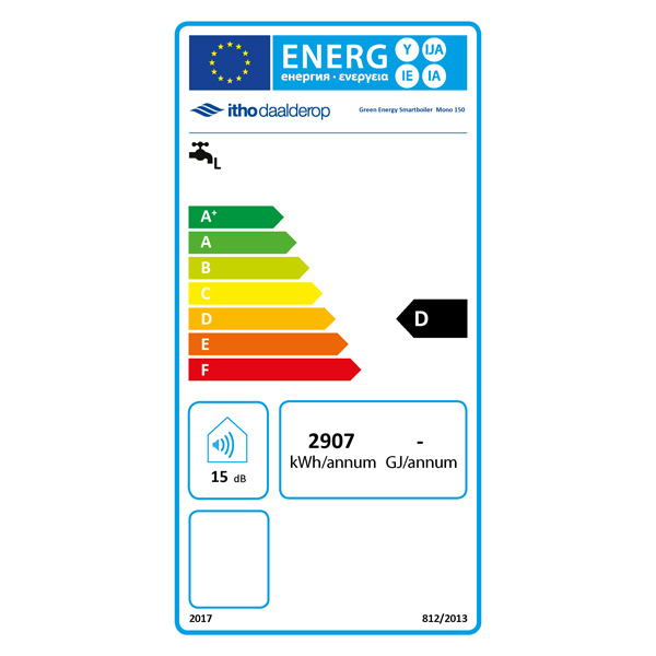 Energielabel van een 150 liter Mono boiler met Smar-upp functie