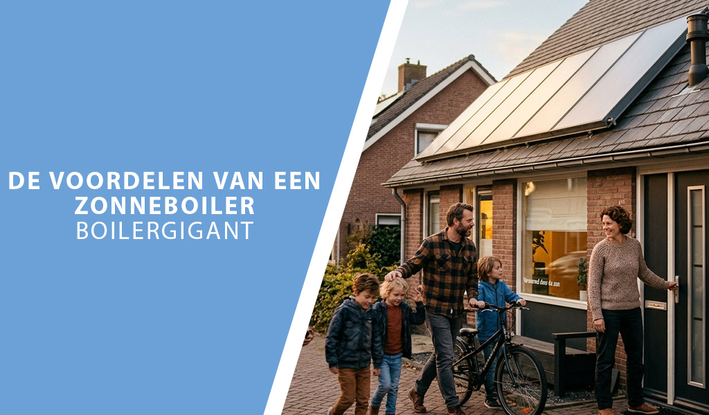 De voordelen van een zonneboiler ten opzichte van een tradionele boiler Gezin loopt woning binnen met zonnepalen op het dak