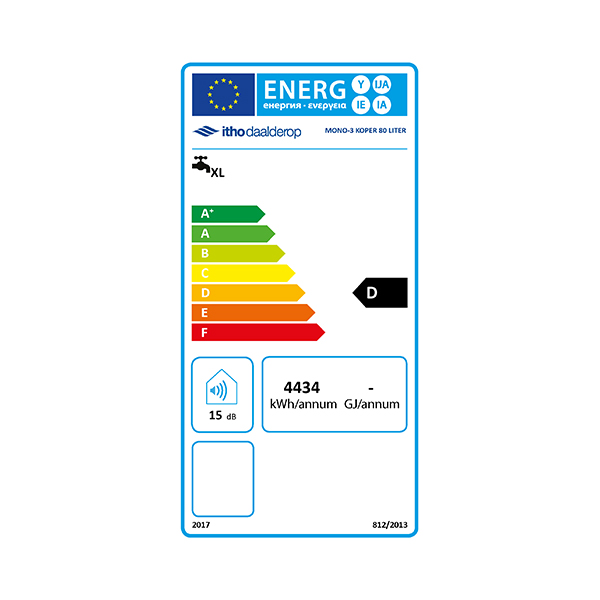 Energielabel van een elektrische boiler 80 liter Mono met hoog vermogen